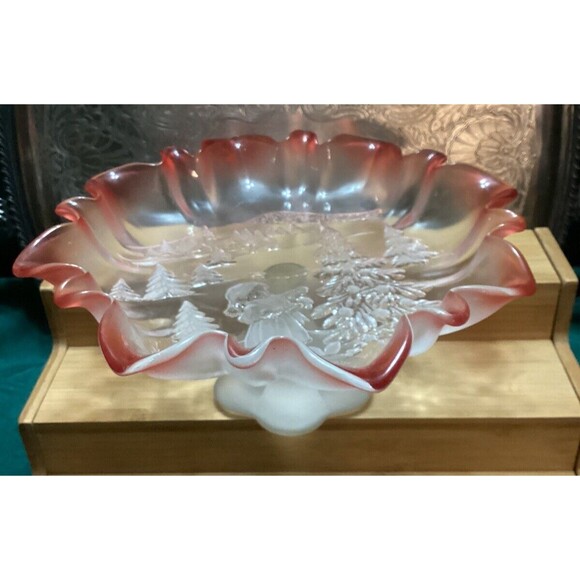 Mikasa “Christmas Story” Crystal Compote Candy/Fruit Dish Frosted With Red Trim - Picture 3 of 13